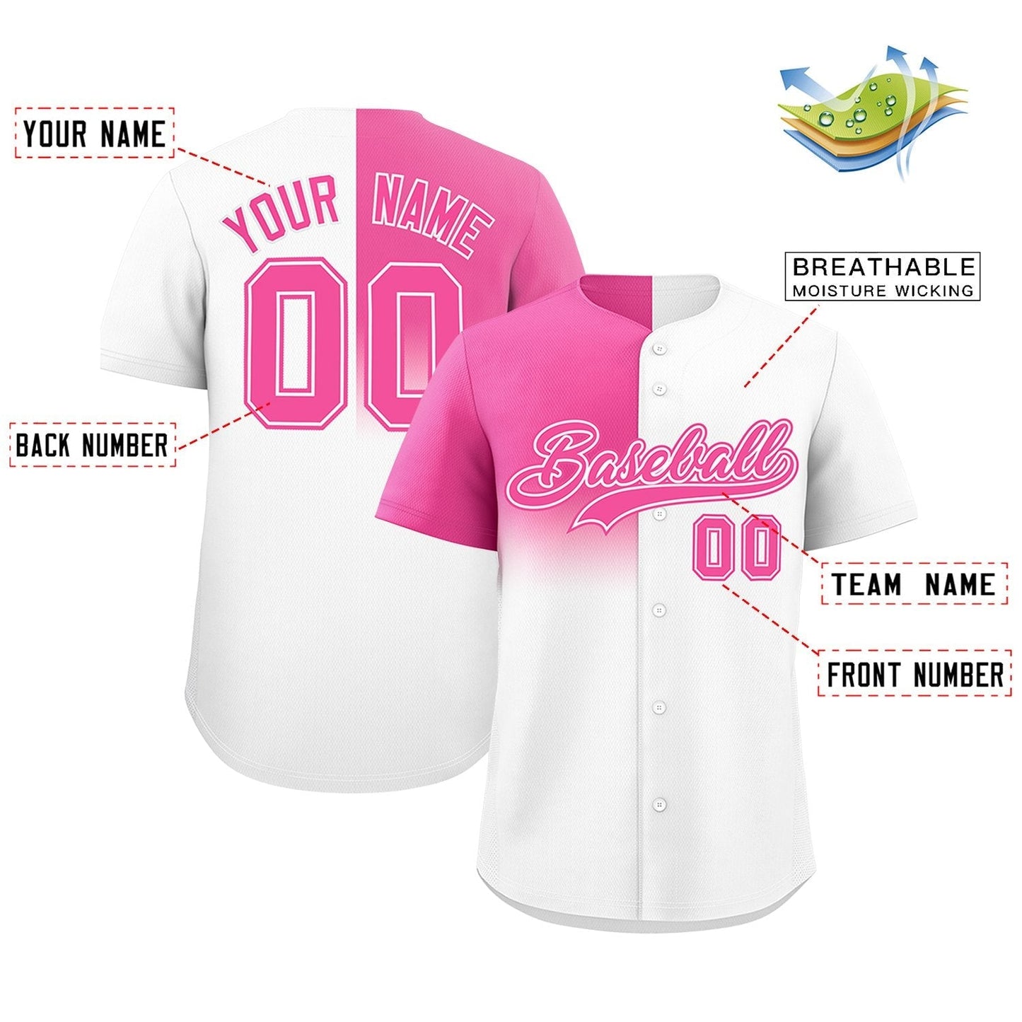 Custom White Pink Personalized Half Gradient Design Authentic Baseball Jersey