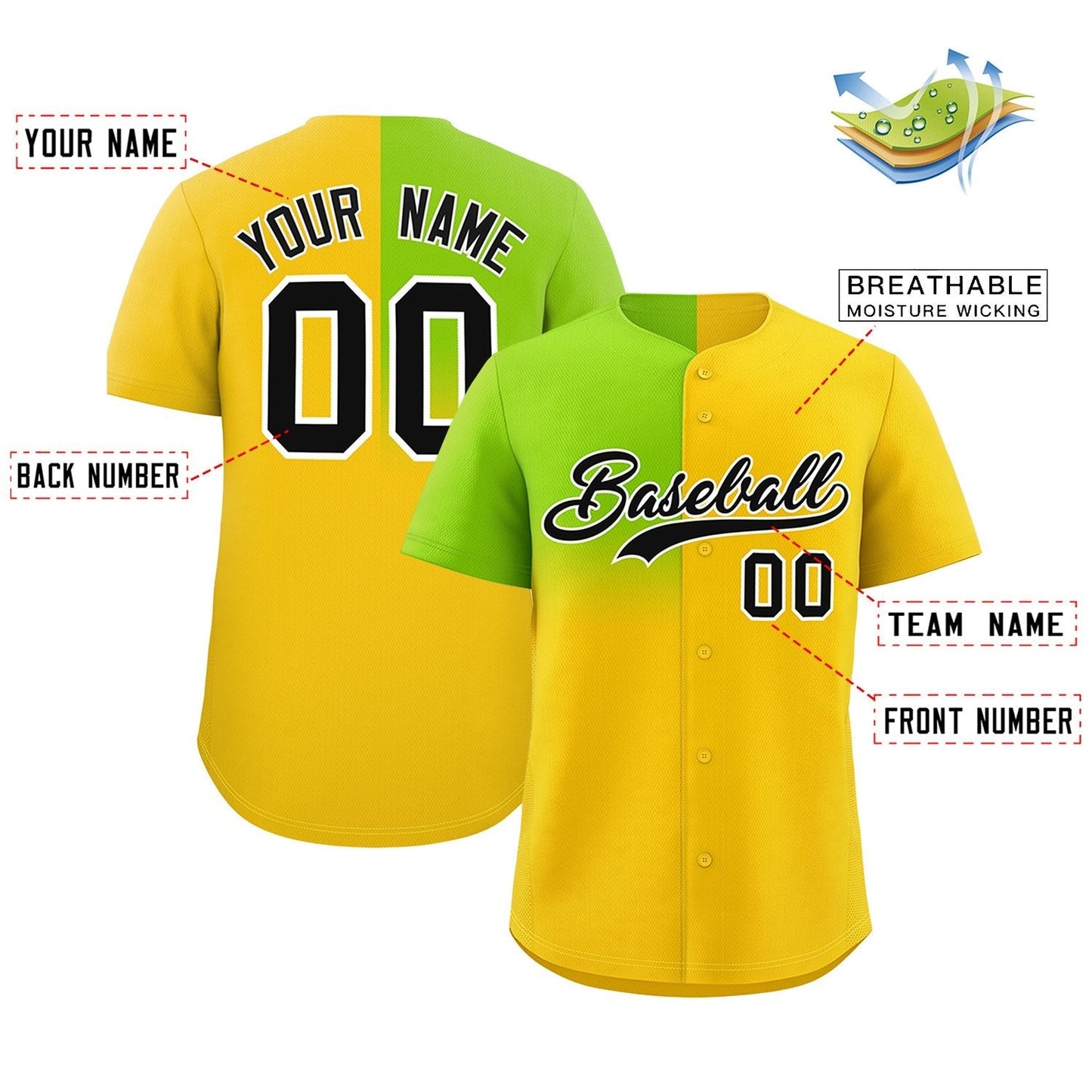 Custom Gold Neon Green Personalized Half Gradient Design Authentic Baseball Jersey