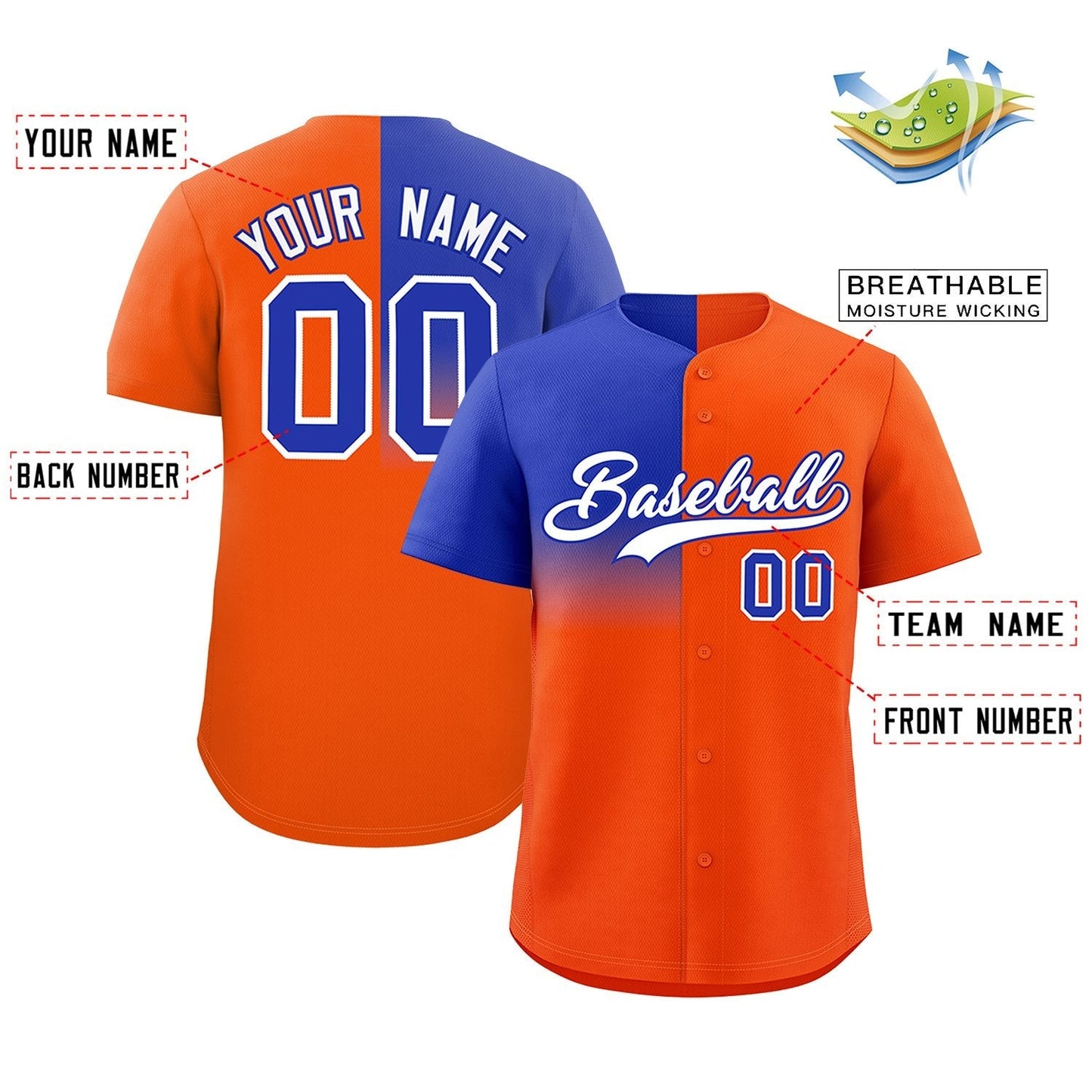 Custom Orange Royal Personalized Half Gradient Design Authentic Baseball Jersey