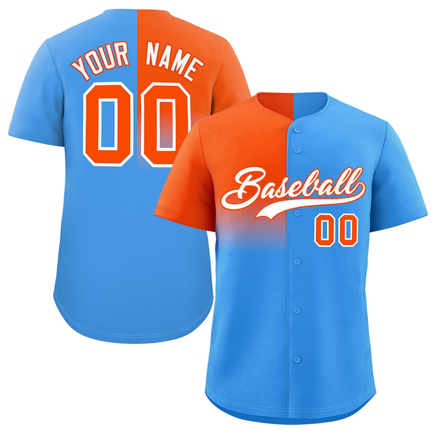 Custom Powder Blue Orange Personalized Half Gradient Design Authentic Baseball Jersey