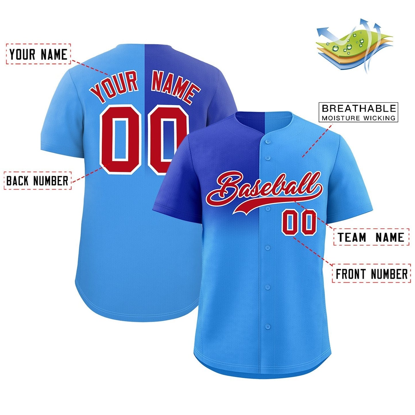 Custom Powder Blue Royal Personalized Half Gradient Design Authentic Baseball Jersey