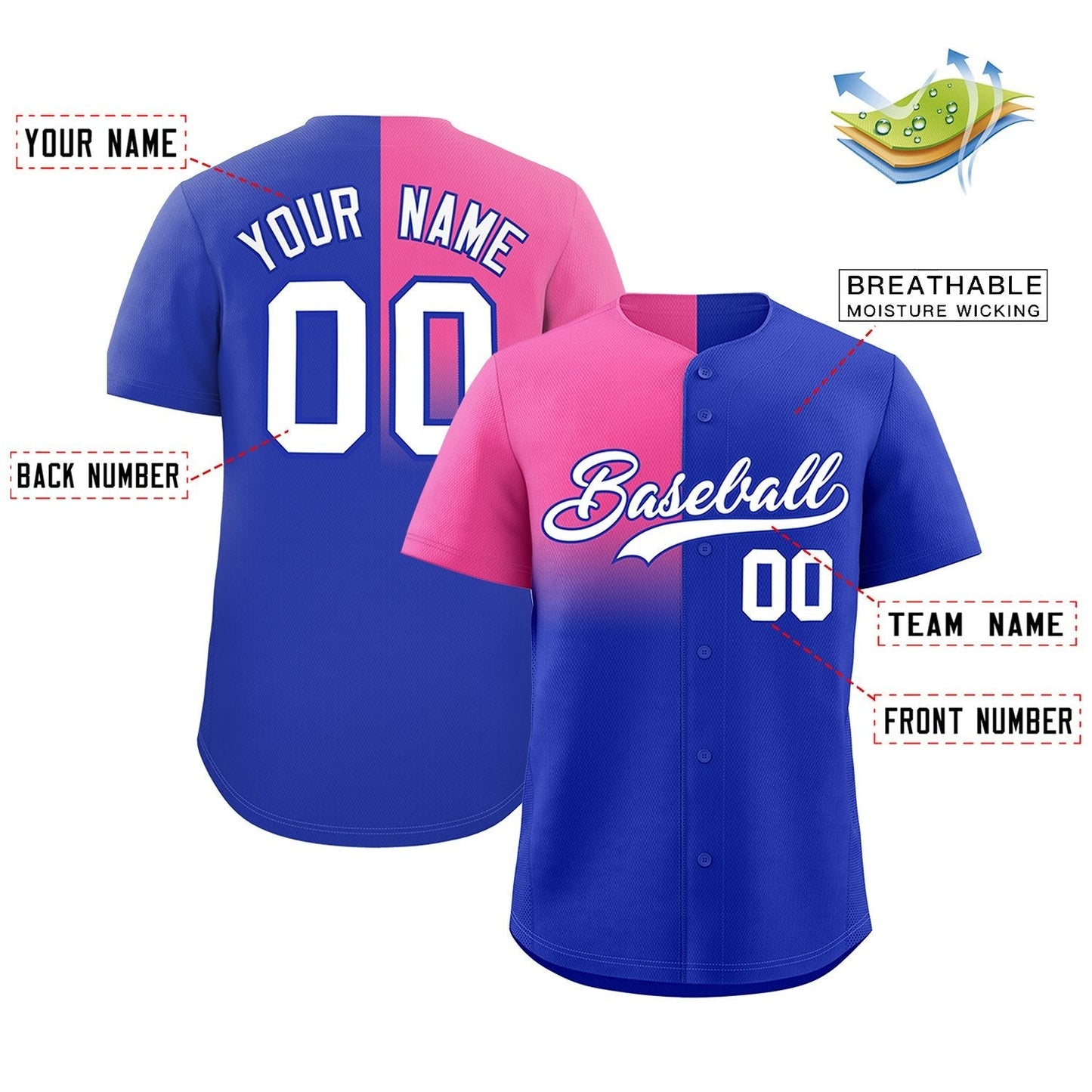 Custom Royal Pink Personalized Half Gradient Design Authentic Baseball Jersey