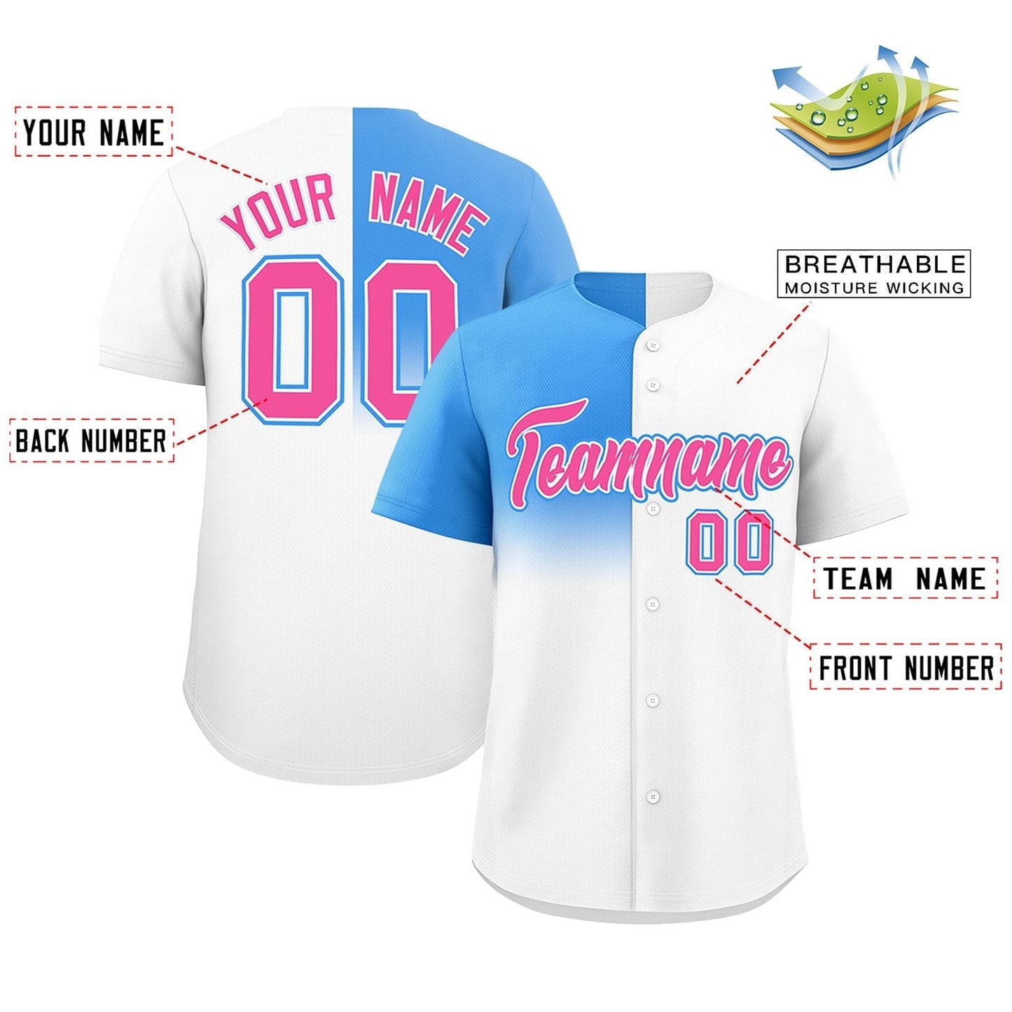 Custom White Powder Blue Personalized Half Gradient Design Authentic Baseball Jersey