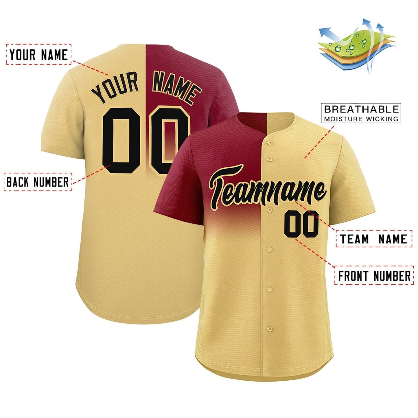 Custom Khaki Crimson Personalized Half Gradient Design Authentic Baseball Jersey