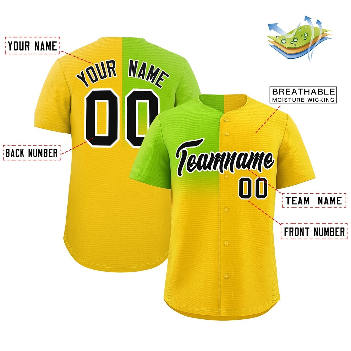 Custom Gold Neon Green Personalized Half Gradient Design Authentic Baseball Jersey