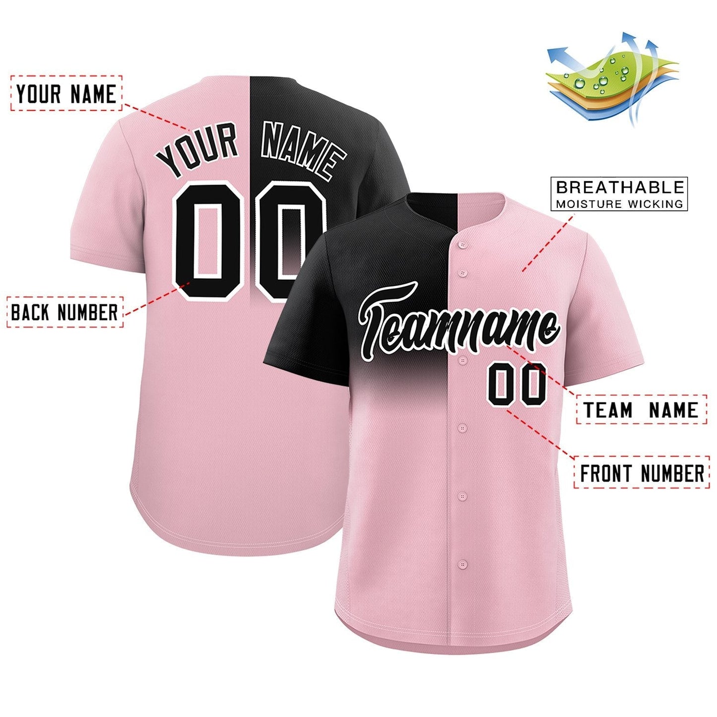 Custom Light Pink Black Personalized Half Gradient Design Authentic Baseball Jersey