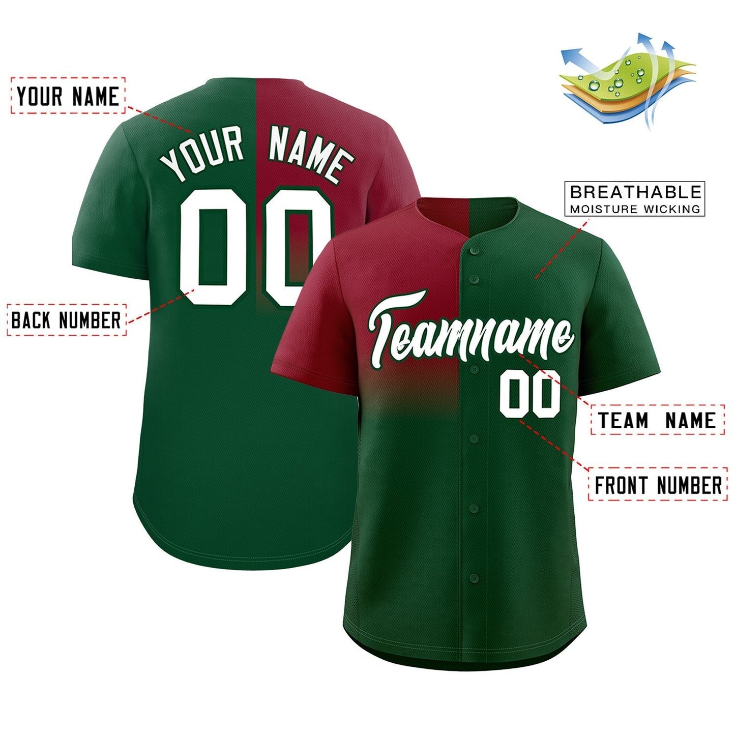 Custom Green Crimson Personalized Half Gradient Design Authentic Baseball Jersey