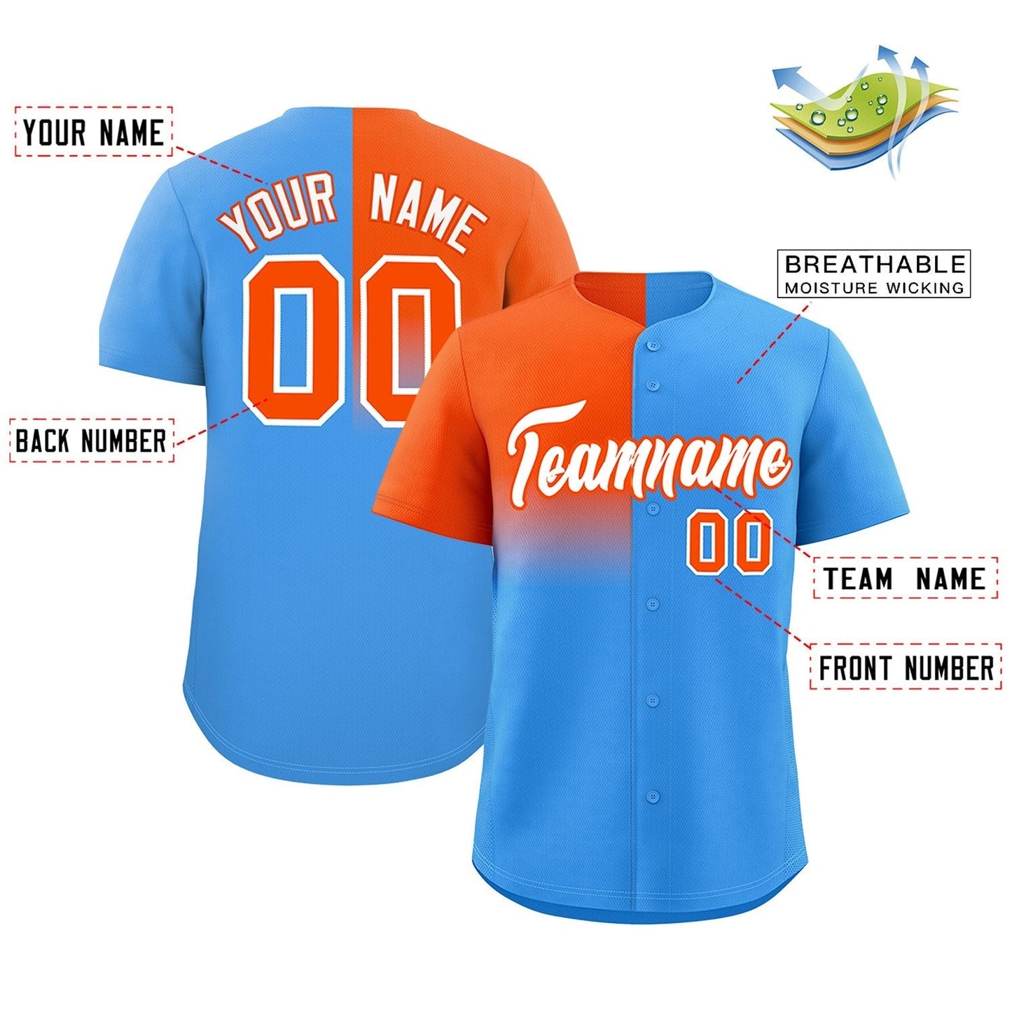 Custom Powder Blue Orange Personalized Half Gradient Design Authentic Baseball Jersey