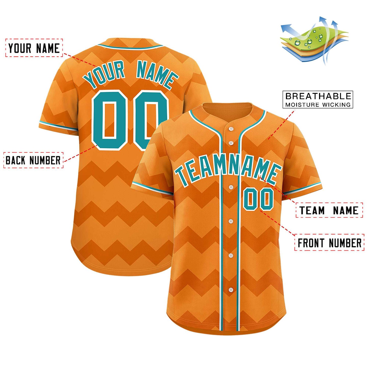 Custom Cadmium Orange Aqua-White Personalized Ripple Design Authentic Baseball Jersey