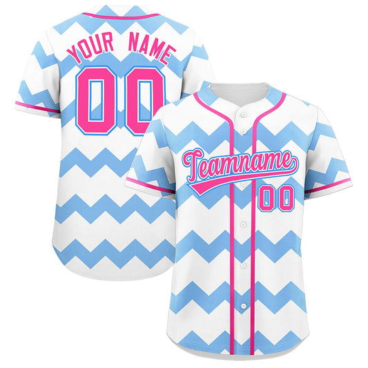 Custom White Light Blue-Pink Personalized Ripple Design Authentic Baseball Jersey