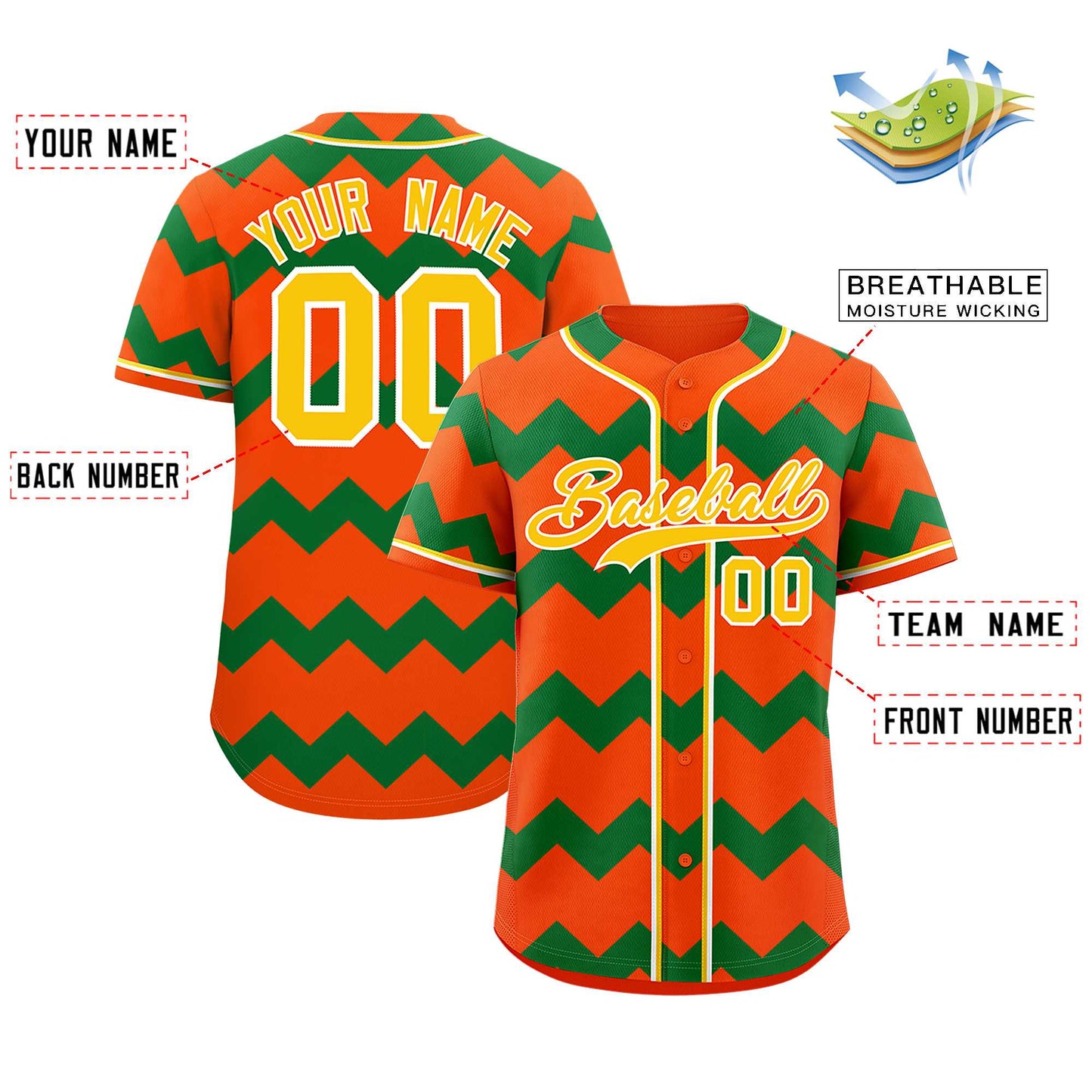 Custom Orange Kelly Green-Gold Personalized Ripple Design Authentic Baseball Jersey