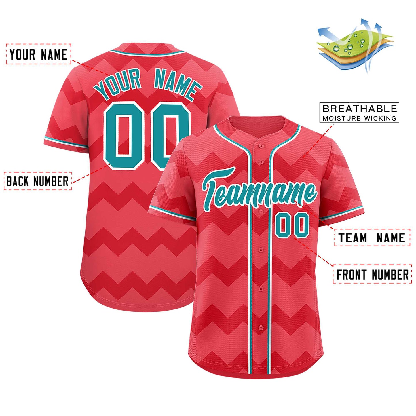 Custom Light Red Aqua-White Personalized Ripple Design Authentic Baseball Jersey