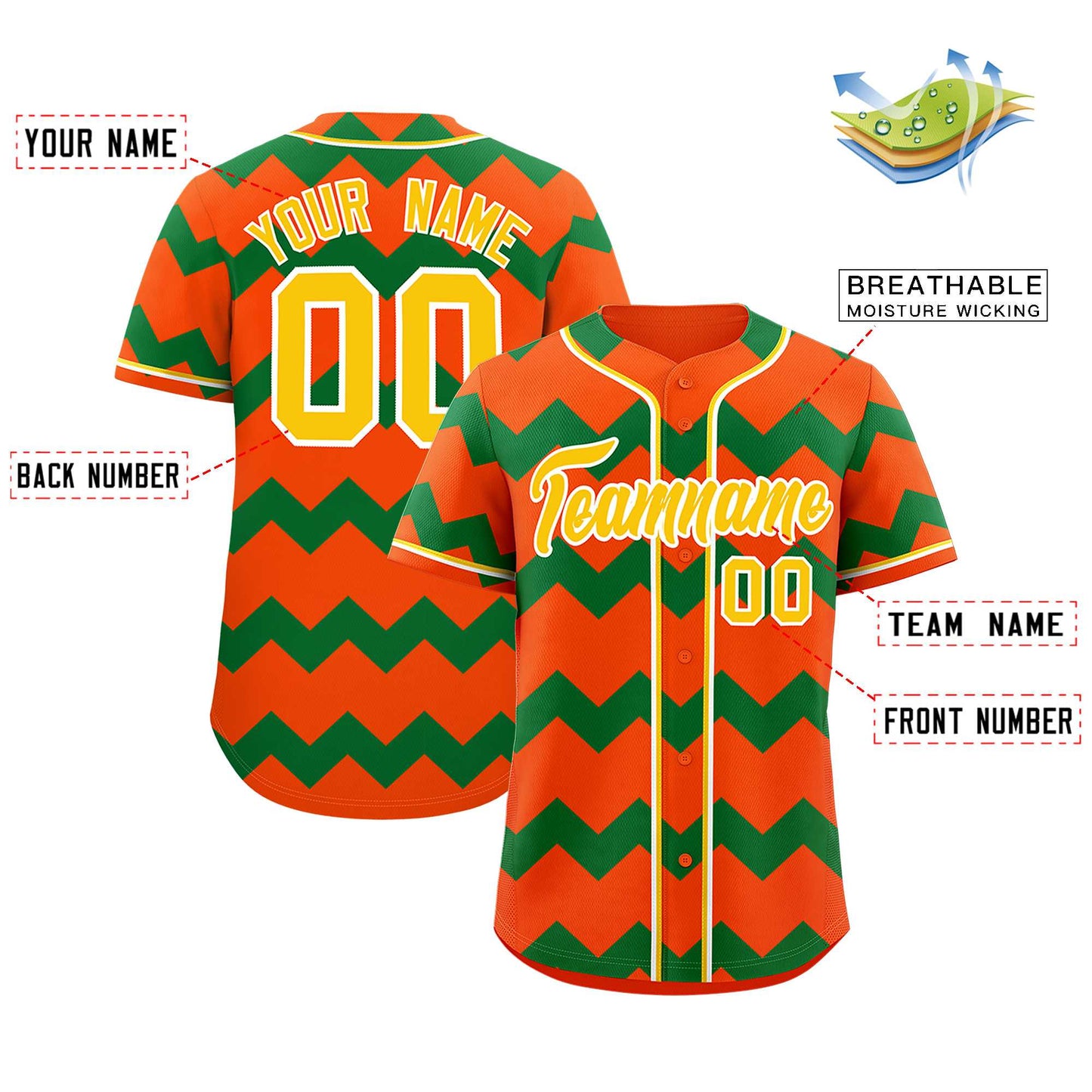 Custom Orange Kelly Green-Gold Personalized Ripple Design Authentic Baseball Jersey