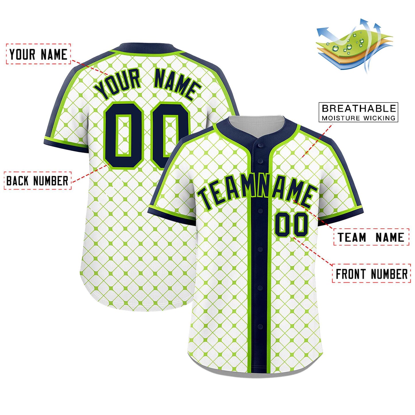 Custom White Navy-Neon Green Personalized Plaid Design Authentic Baseball Jersey