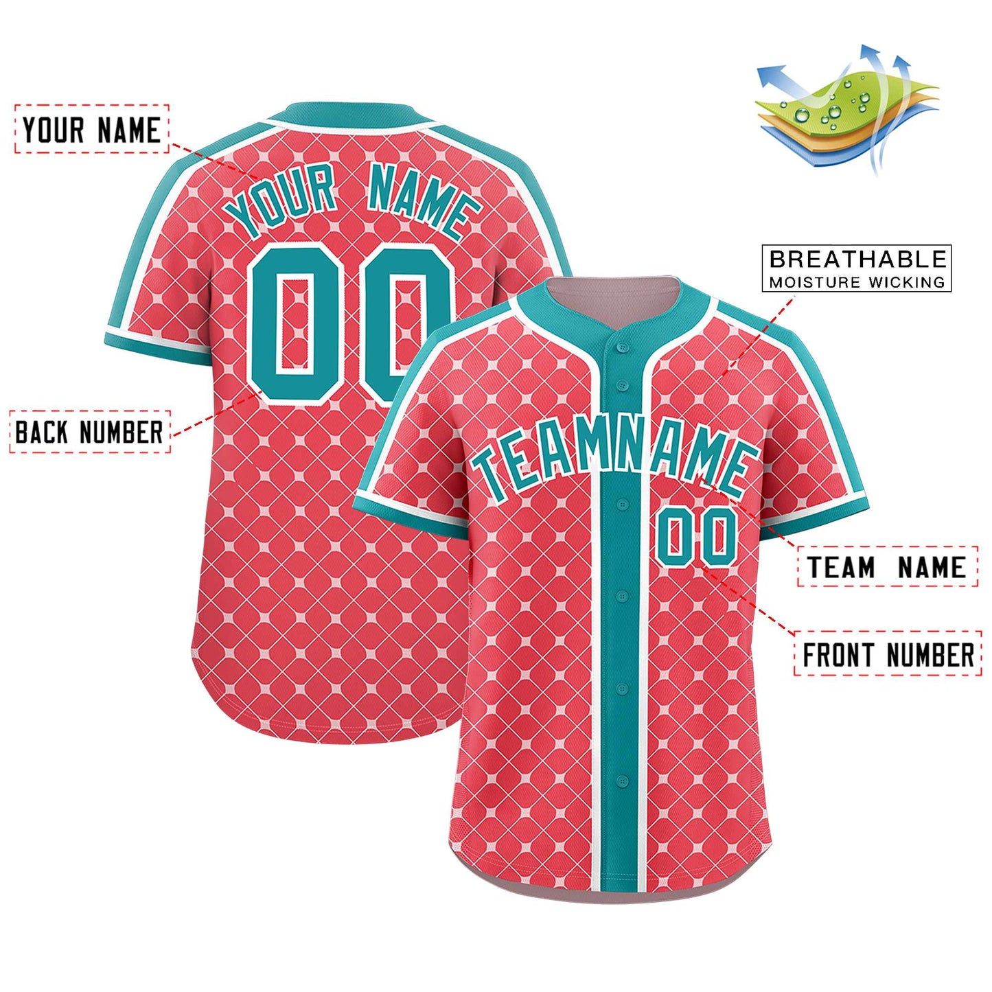 Custom Light Red Aqua-White Personalized Plaid Design Authentic Baseball Jersey