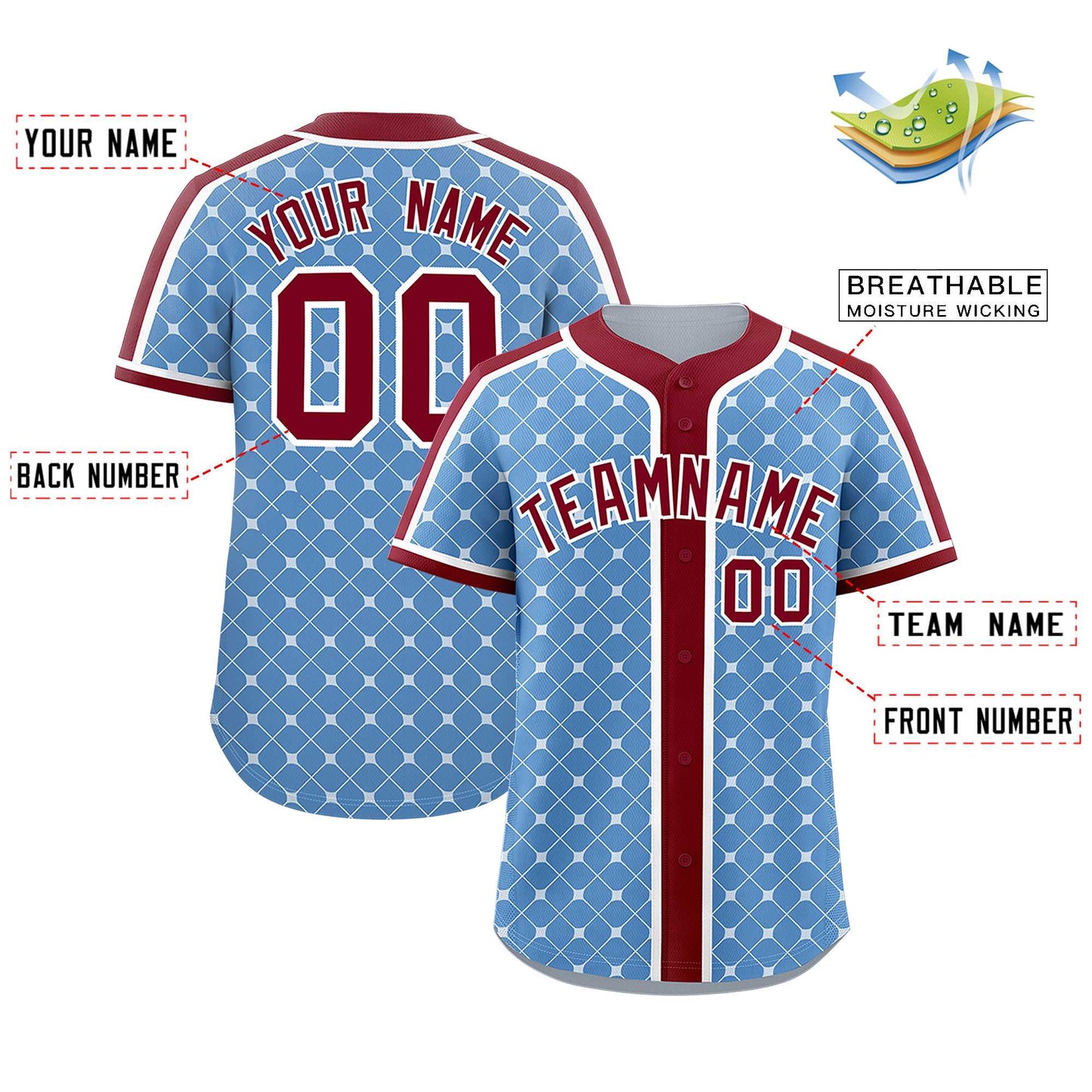 Custom Light Blue Crimson-White Personalized Plaid Design Authentic Baseball Jersey