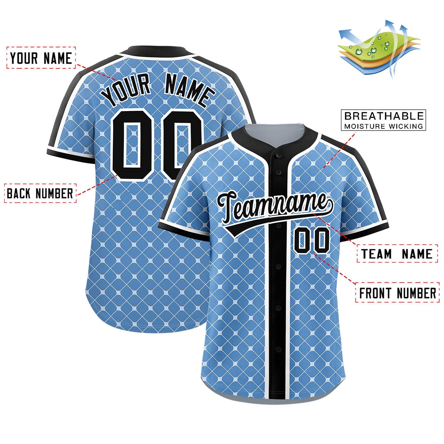 Custom Light Blue Black-White Personalized Plaid Design Authentic Baseball Jersey