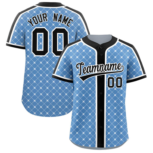 Custom Light Blue Black-White Personalized Plaid Design Authentic Baseball Jersey