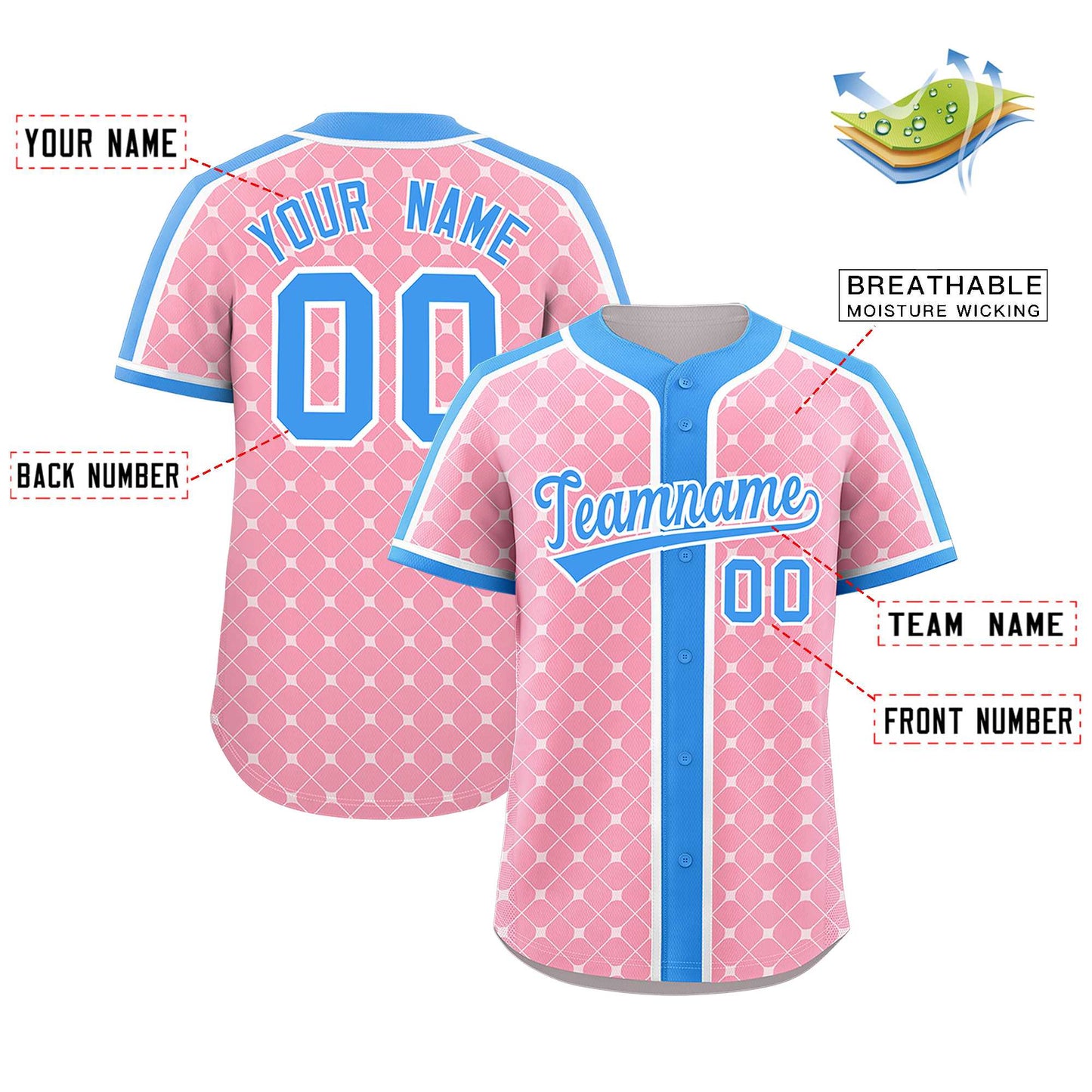 Custom Light Pink Powder Blue-White Personalized Plaid Design Authentic Baseball Jersey