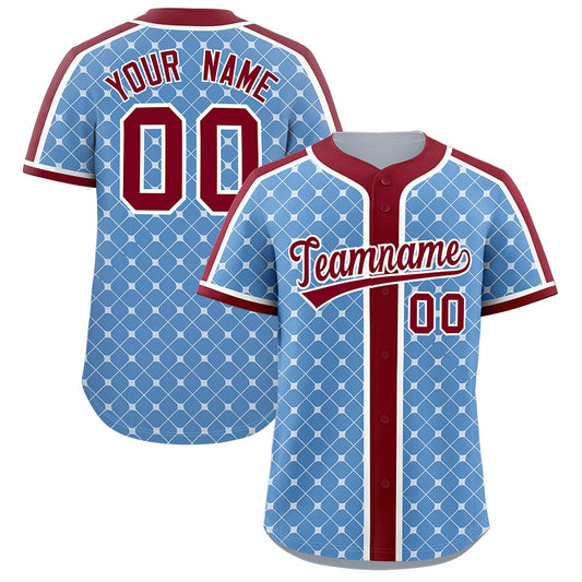 Custom Light Blue Crimson-White Personalized Plaid Design Authentic Baseball Jersey