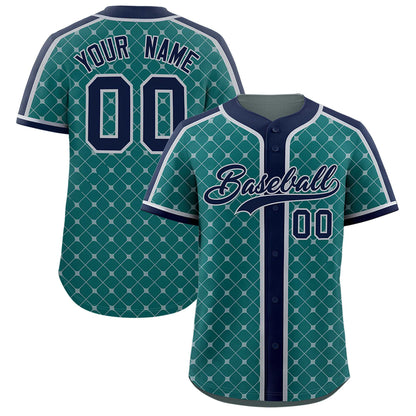 Custom Aqua Navy-Gray Personalized Plaid Design Authentic Baseball Jersey