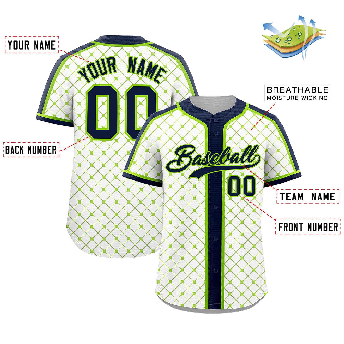 Custom White Navy-Neon Green Personalized Plaid Design Authentic Baseball Jersey