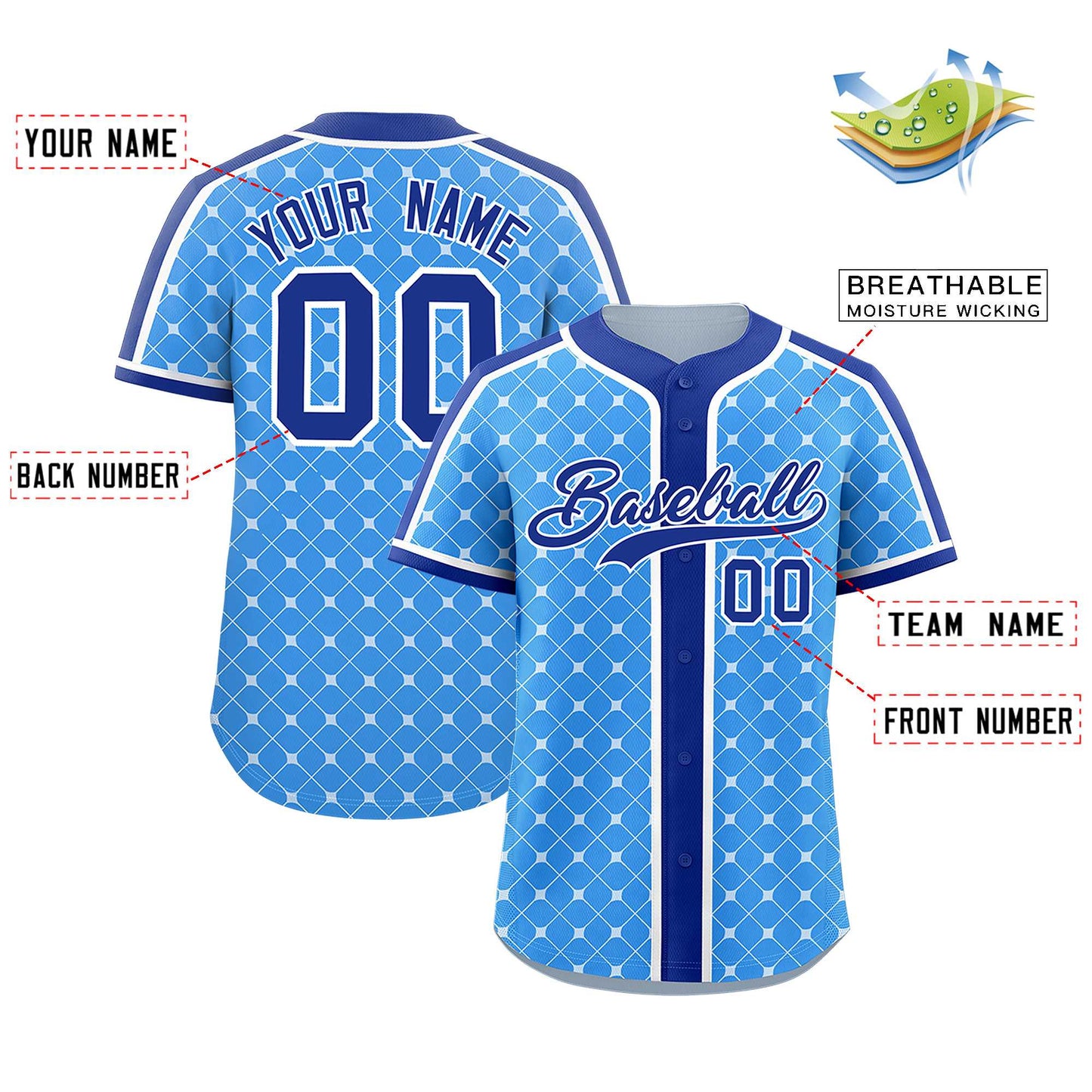 Custom Powder Blue Royal-White Personalized Plaid Design Authentic Baseball Jersey