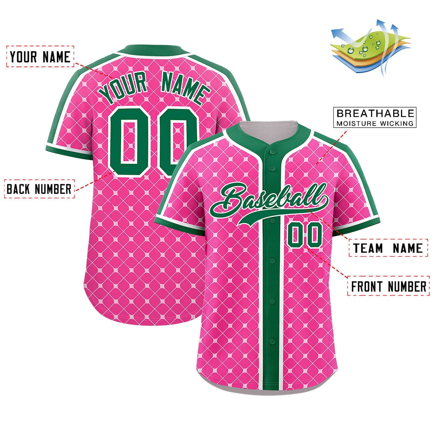 Custom Pink Kelly Green-White Personalized Plaid Design Authentic Baseball Jersey