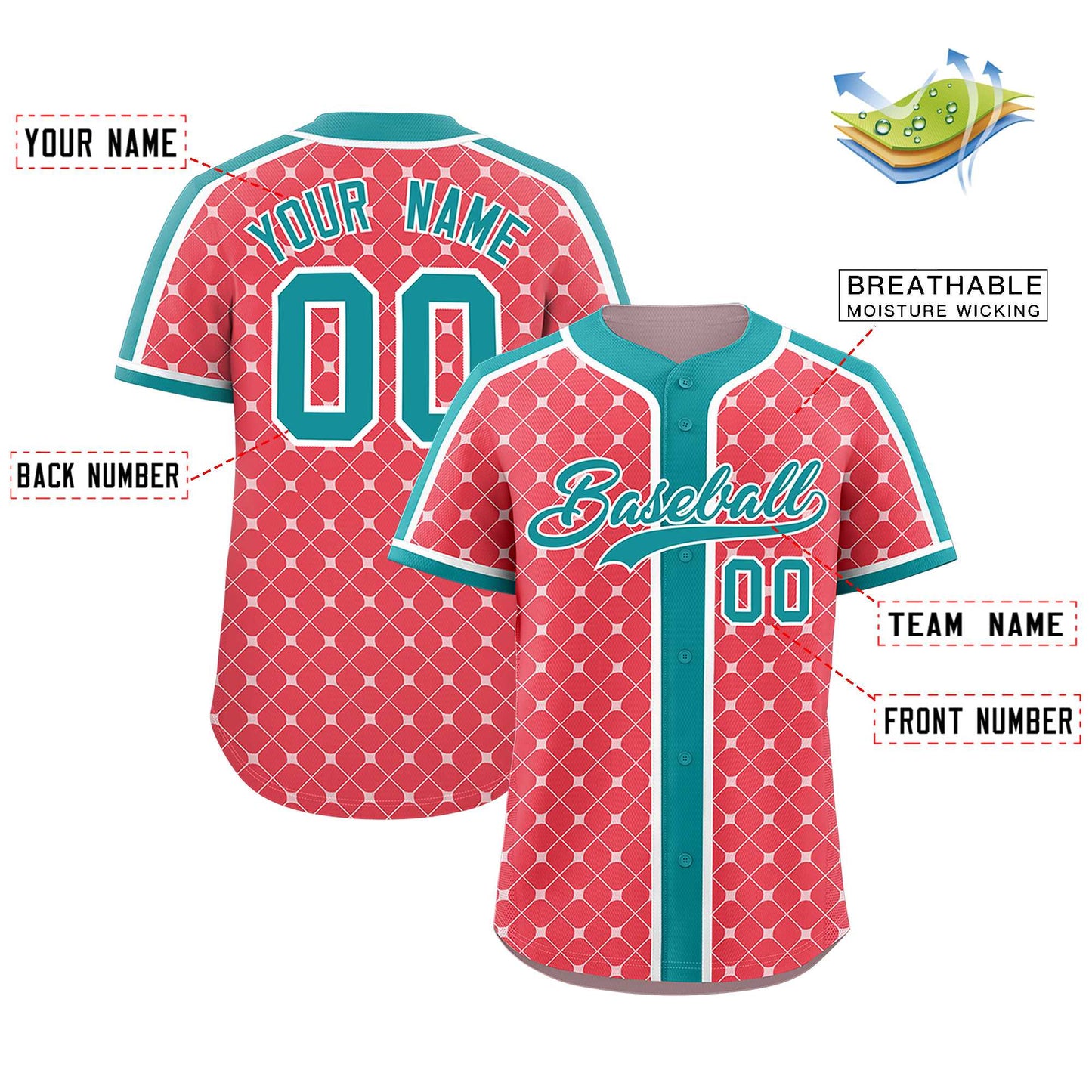 Custom Light Red Aqua-White Personalized Plaid Design Authentic Baseball Jersey