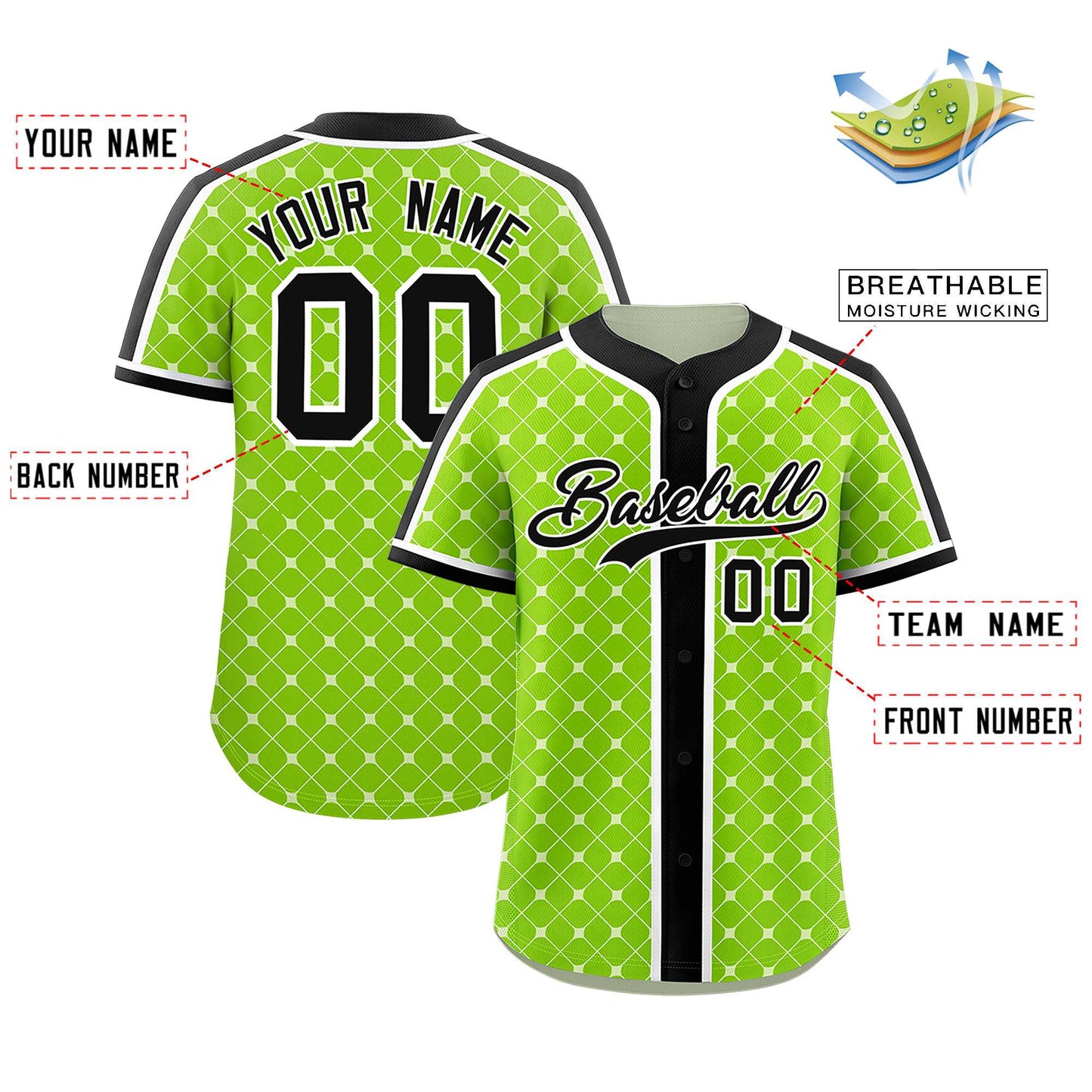 Custom Neon Green Black-White Personalized Plaid Design Authentic Baseball Jersey