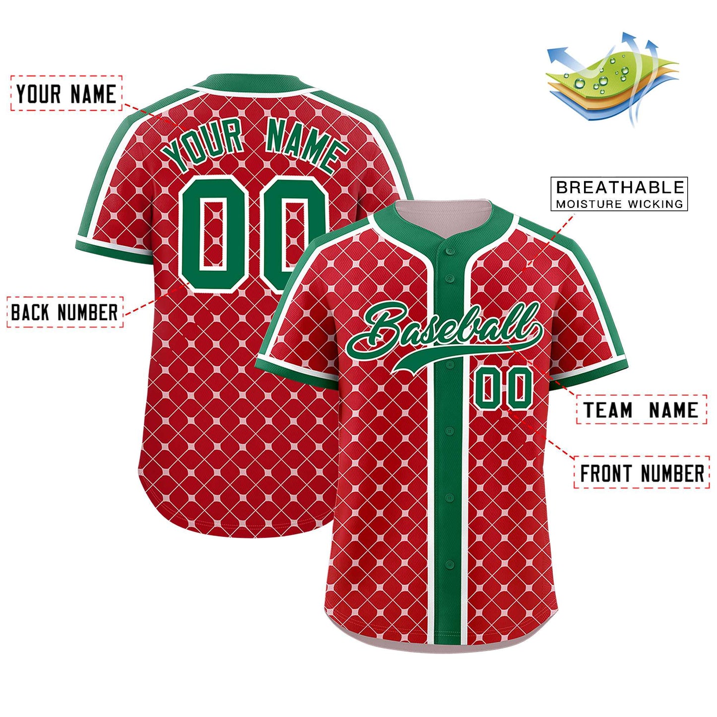 Custom Red Kelly Green-White Personalized Plaid Design Authentic Baseball Jersey