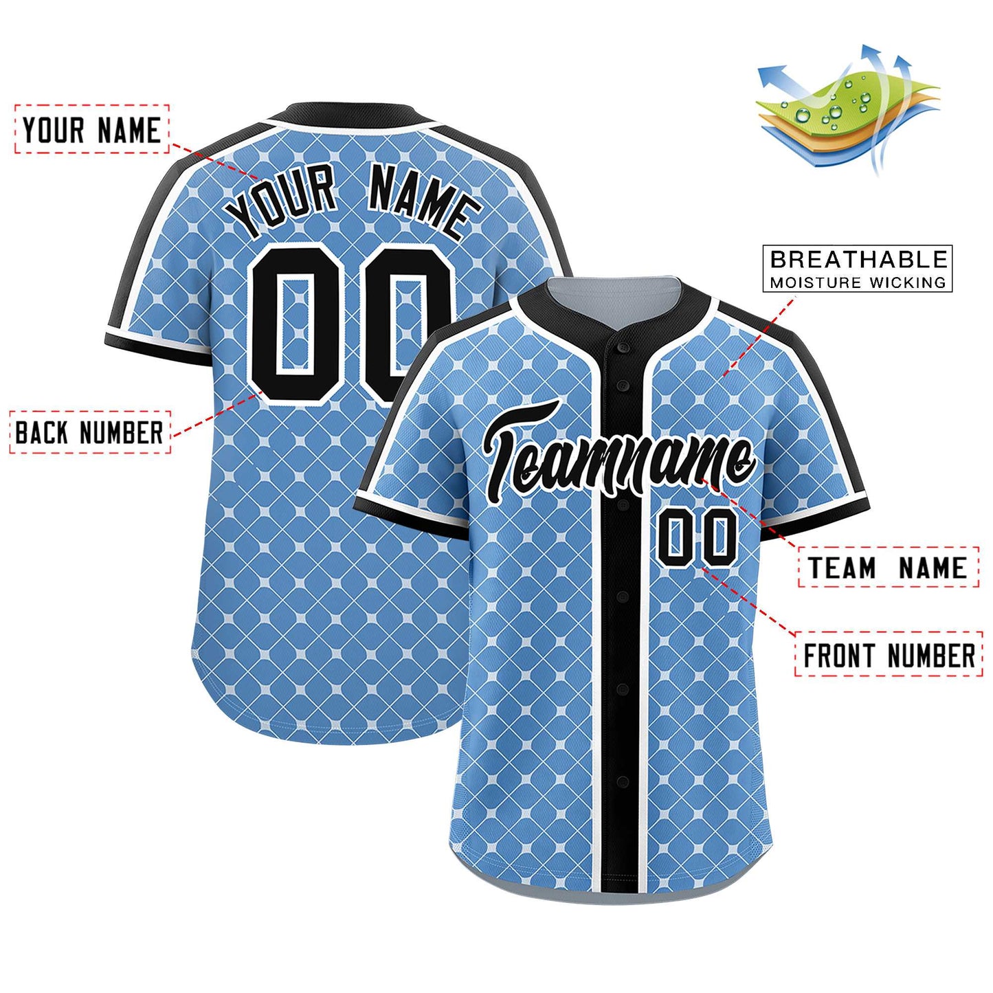 Custom Light Blue Black-White Personalized Plaid Design Authentic Baseball Jersey