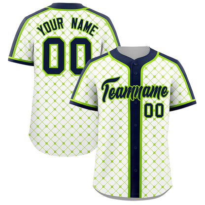 Custom White Navy-Neon Green Personalized Plaid Design Authentic Baseball Jersey