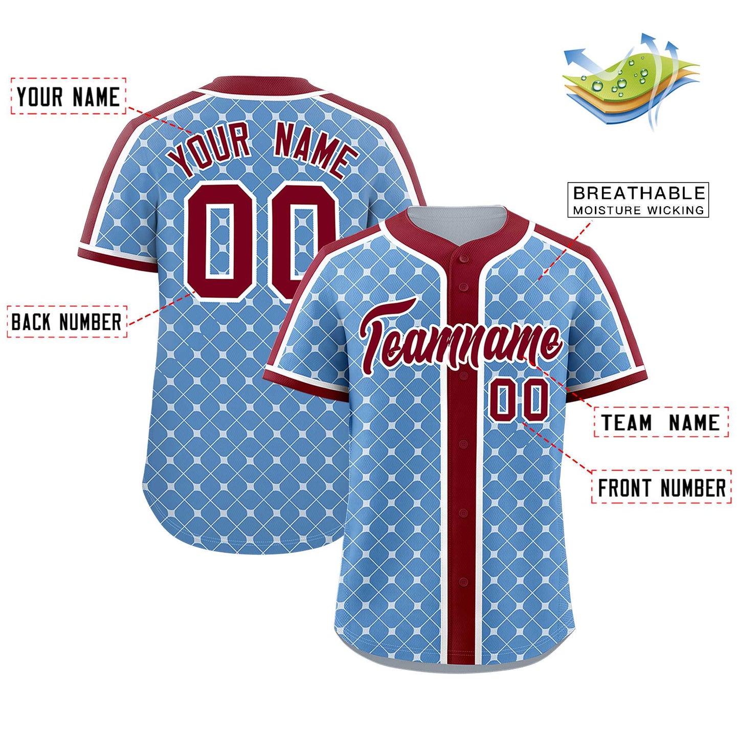 Custom Light Blue Crimson-White Personalized Plaid Design Authentic Baseball Jersey