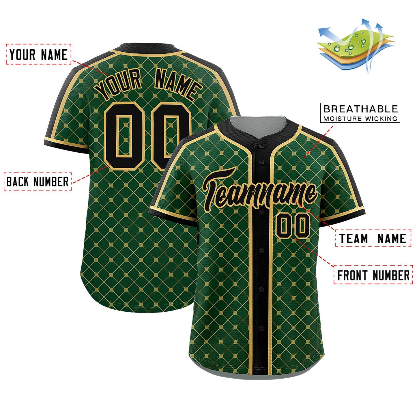 Custom Green Black-Old Gold Personalized Plaid Design Authentic Baseball Jersey