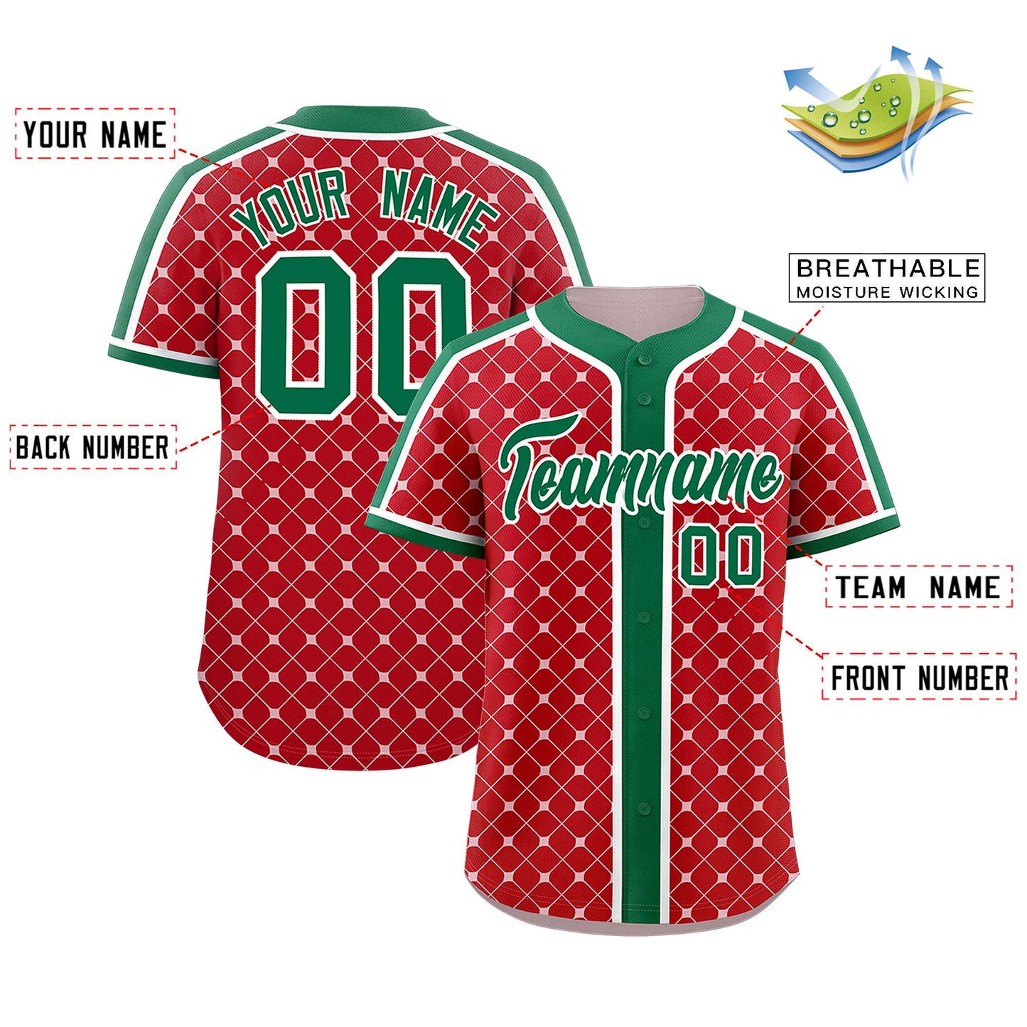 Custom Red Kelly Green-White Personalized Plaid Design Authentic Baseball Jersey