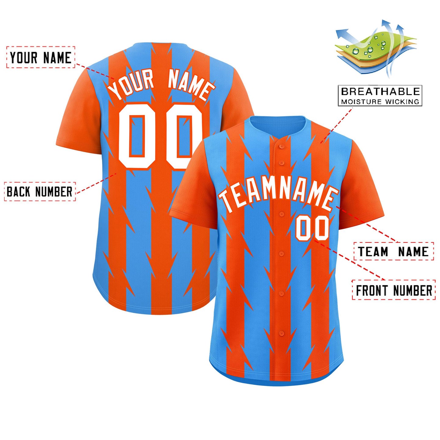 Custom Powder Blue Orange Raglan Sleeves Blade Pattern Authentic Baseball Jersey