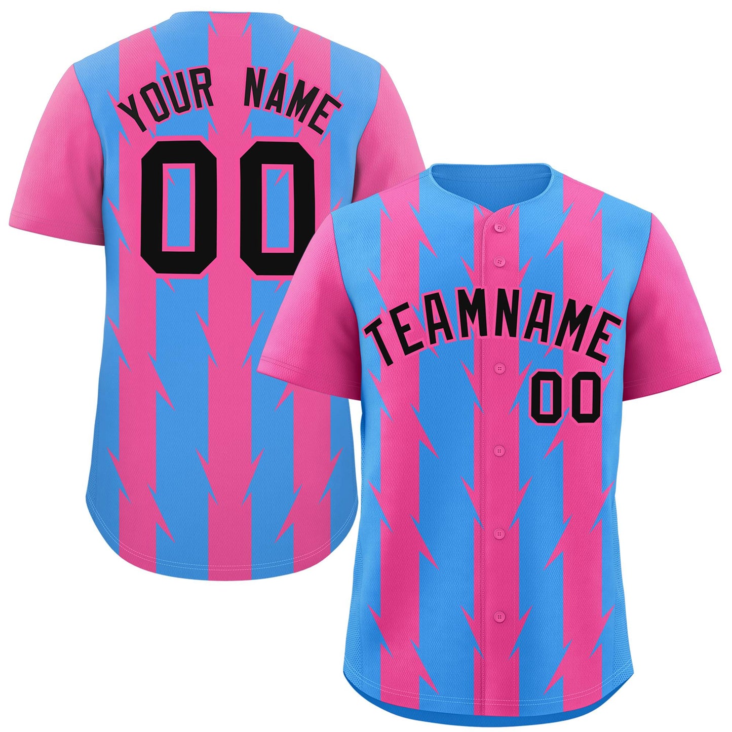 Custom Powder Blue Pink Raglan Sleeves Blade Pattern Authentic Baseball Jersey