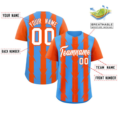 Custom Powder Blue Orange Raglan Sleeves Blade Pattern Authentic Baseball Jersey