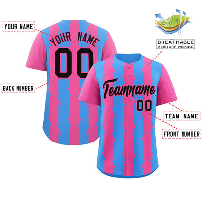 Custom Powder Blue Pink Raglan Sleeves Blade Pattern Authentic Baseball Jersey