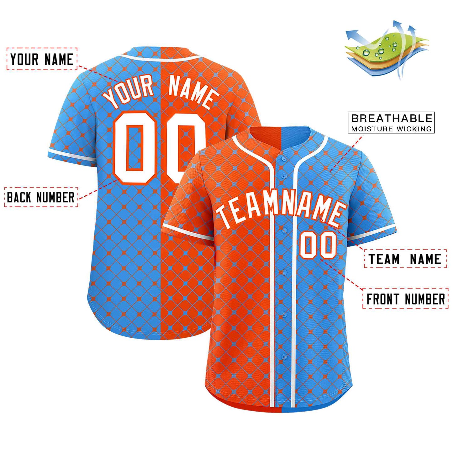 Custom Orange Powder Blue Split Fashion Plaid Design Authentic Baseball Jersey