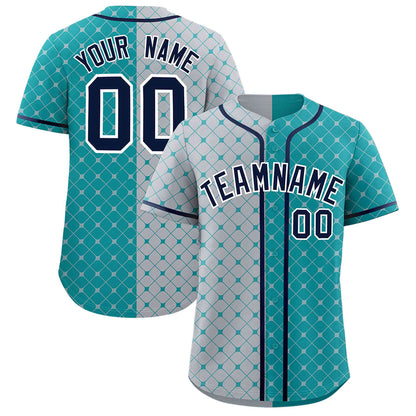 Custom Gray Aqua Split Fashion Plaid Design Authentic Baseball Jersey