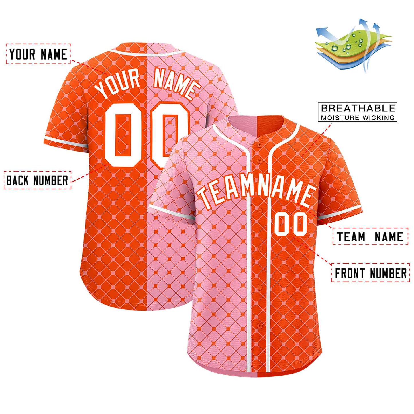 Custom Light Pink Orange Split Fashion Plaid Design Authentic Baseball Jersey