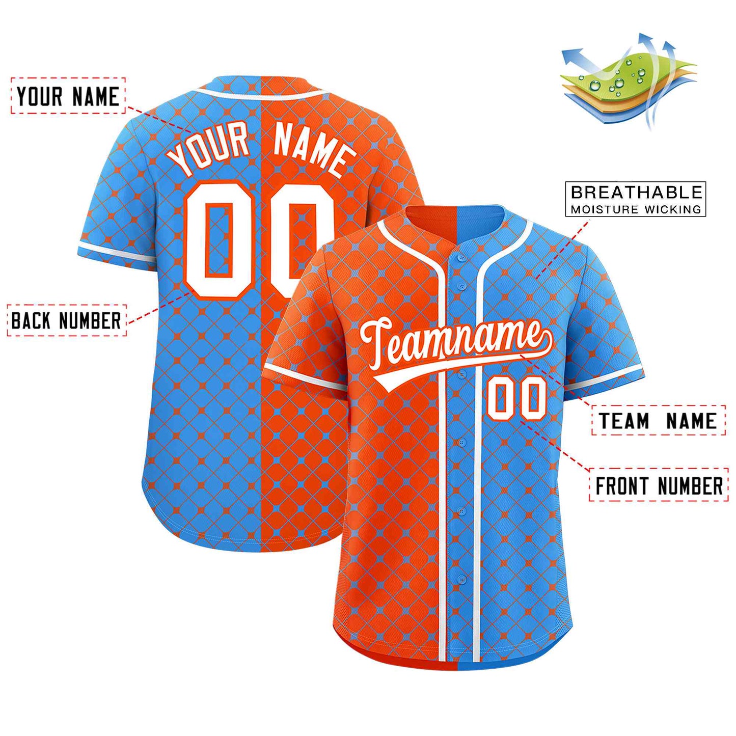 Custom Orange Powder Blue Split Fashion Plaid Design Authentic Baseball Jersey