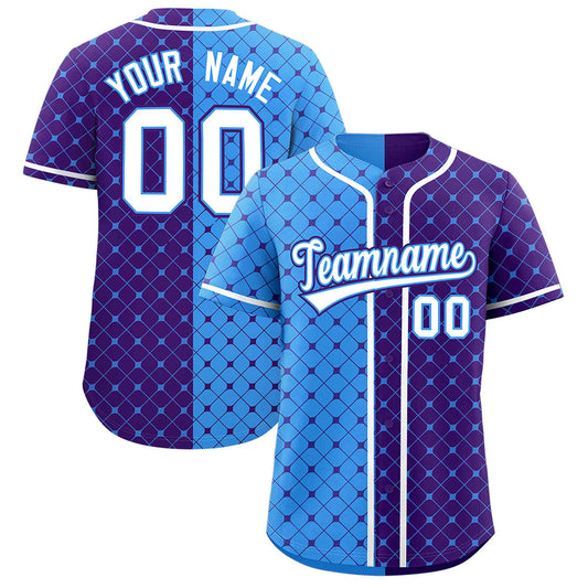 Custom Powder Blue Purple Split Fashion Plaid Design Authentic Baseball Jersey