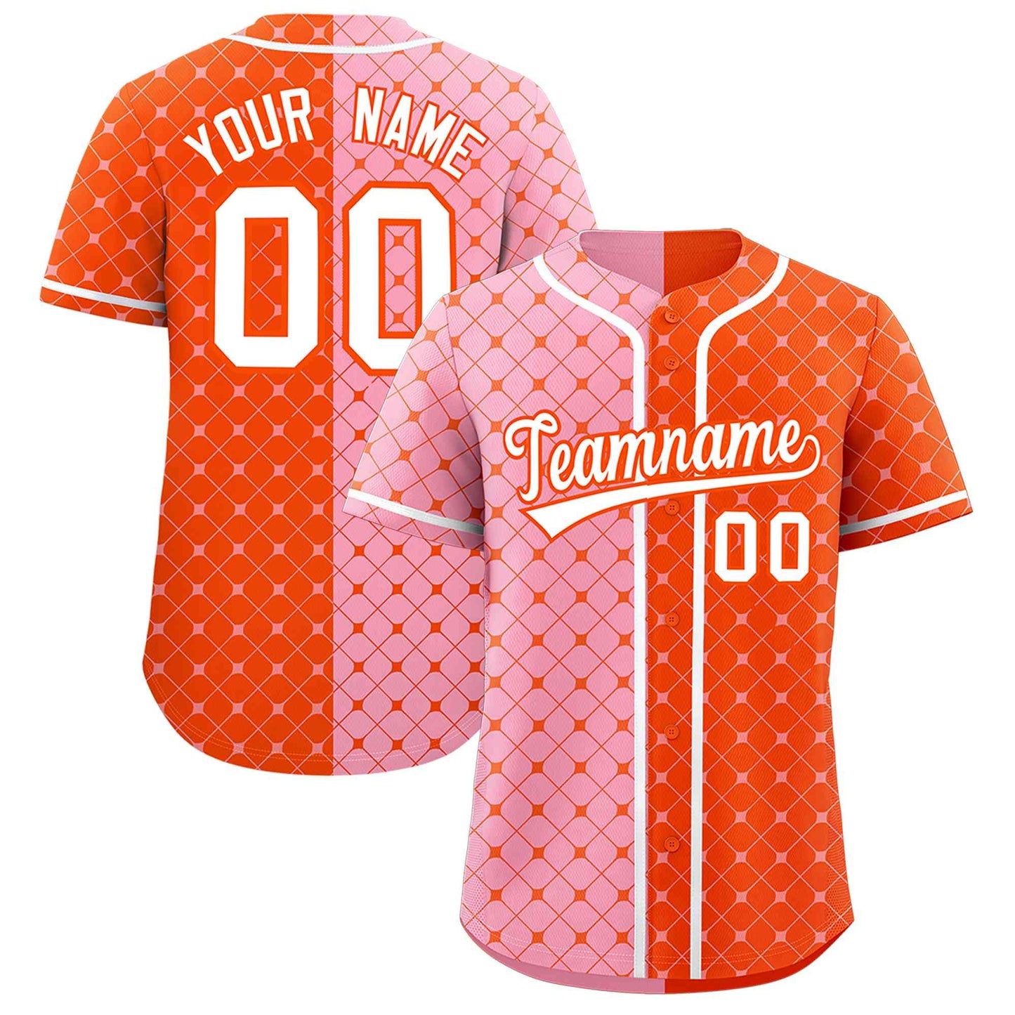 Custom Light Pink Orange Split Fashion Plaid Design Authentic Baseball Jersey