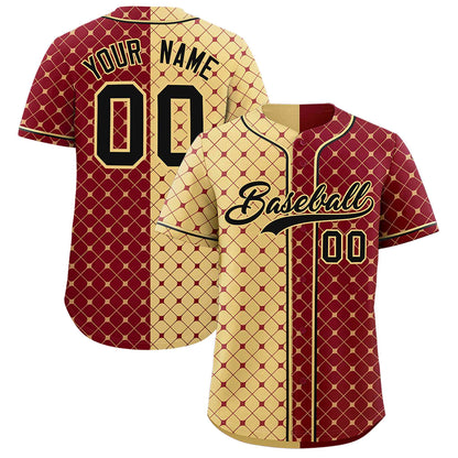 Custom Khaki Crimson Split Fashion Plaid Design Authentic Baseball Jersey