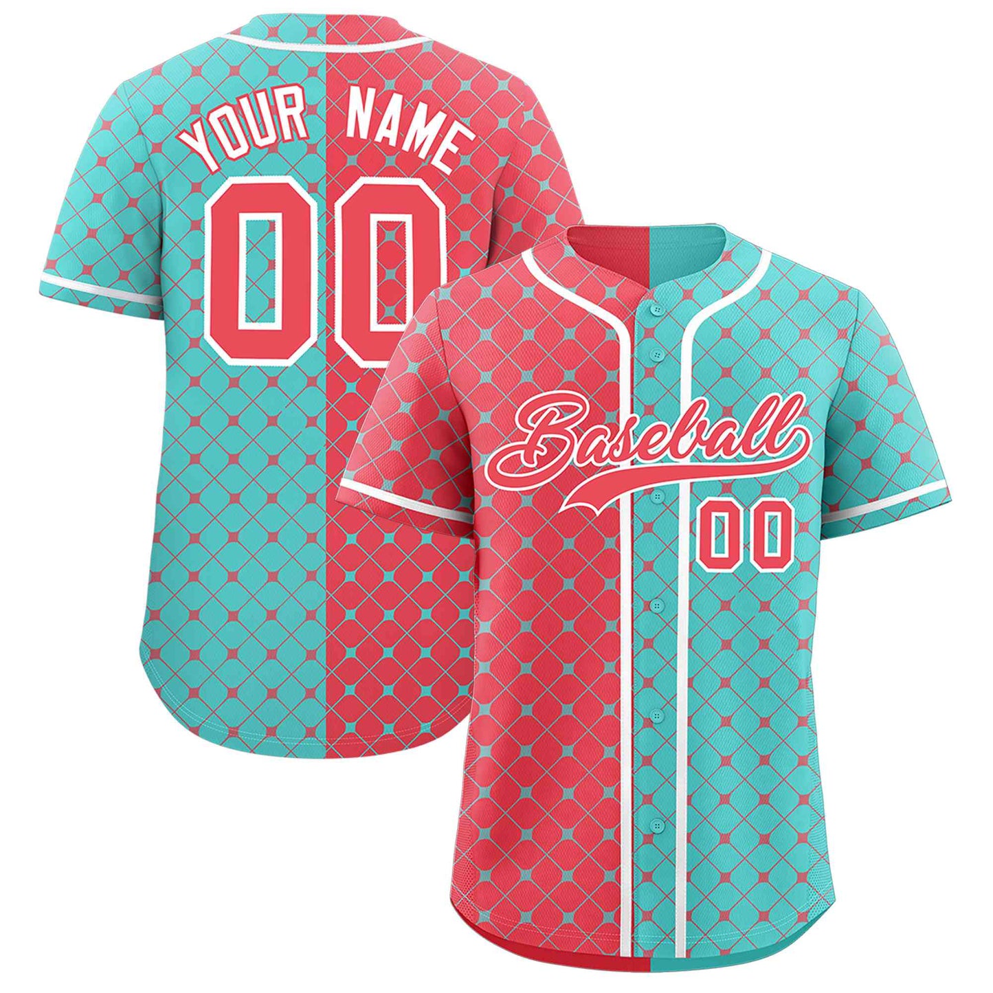 Custom Light Red Bright Green Split Fashion Plaid Design Authentic Baseball Jersey