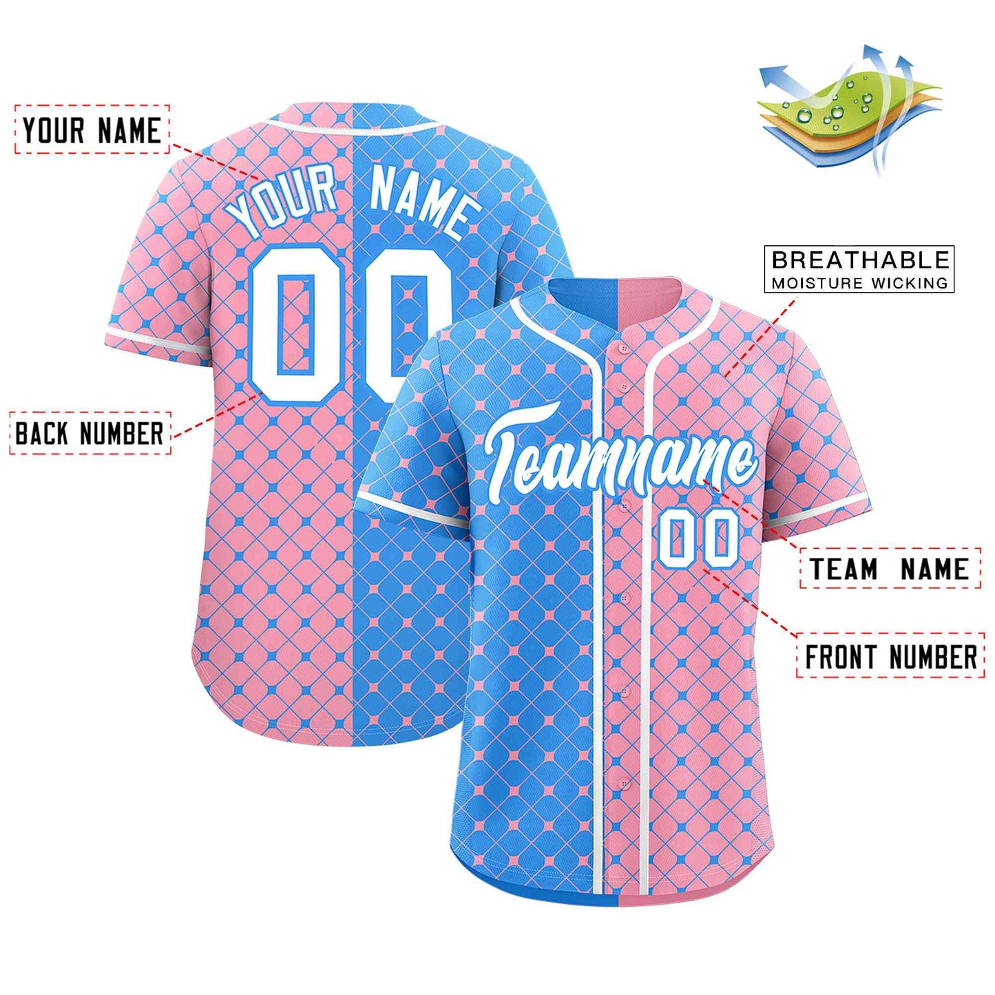 Custom Powder Blue Light Pink Split Fashion Plaid Design Authentic Baseball Jersey