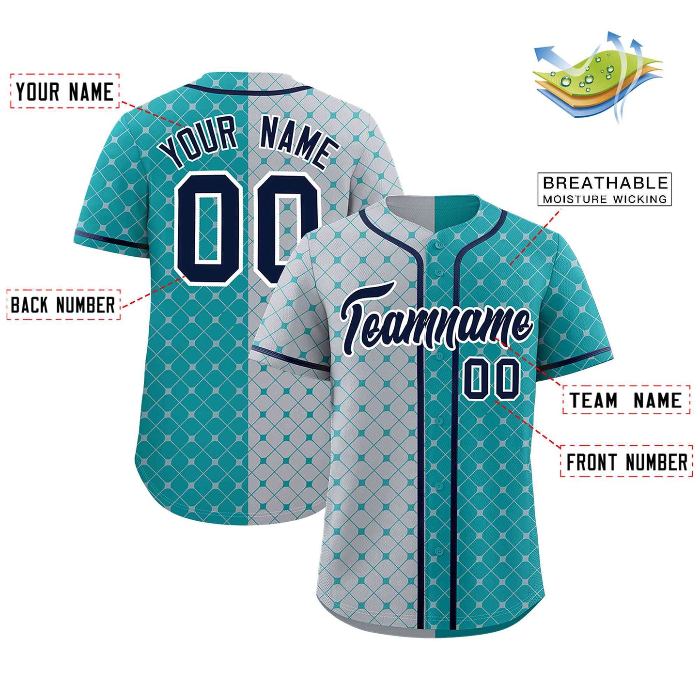 Custom Gray Aqua Split Fashion Plaid Design Authentic Baseball Jersey